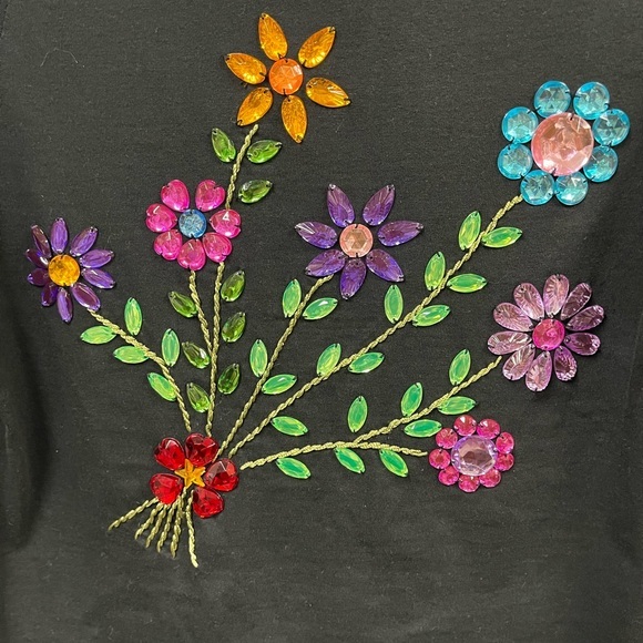 Metro 6 Nina Leonard Black Scoop Neck Floral Jeweled 3/4 Sleeve Top Size Medium - Picture 3 of 8